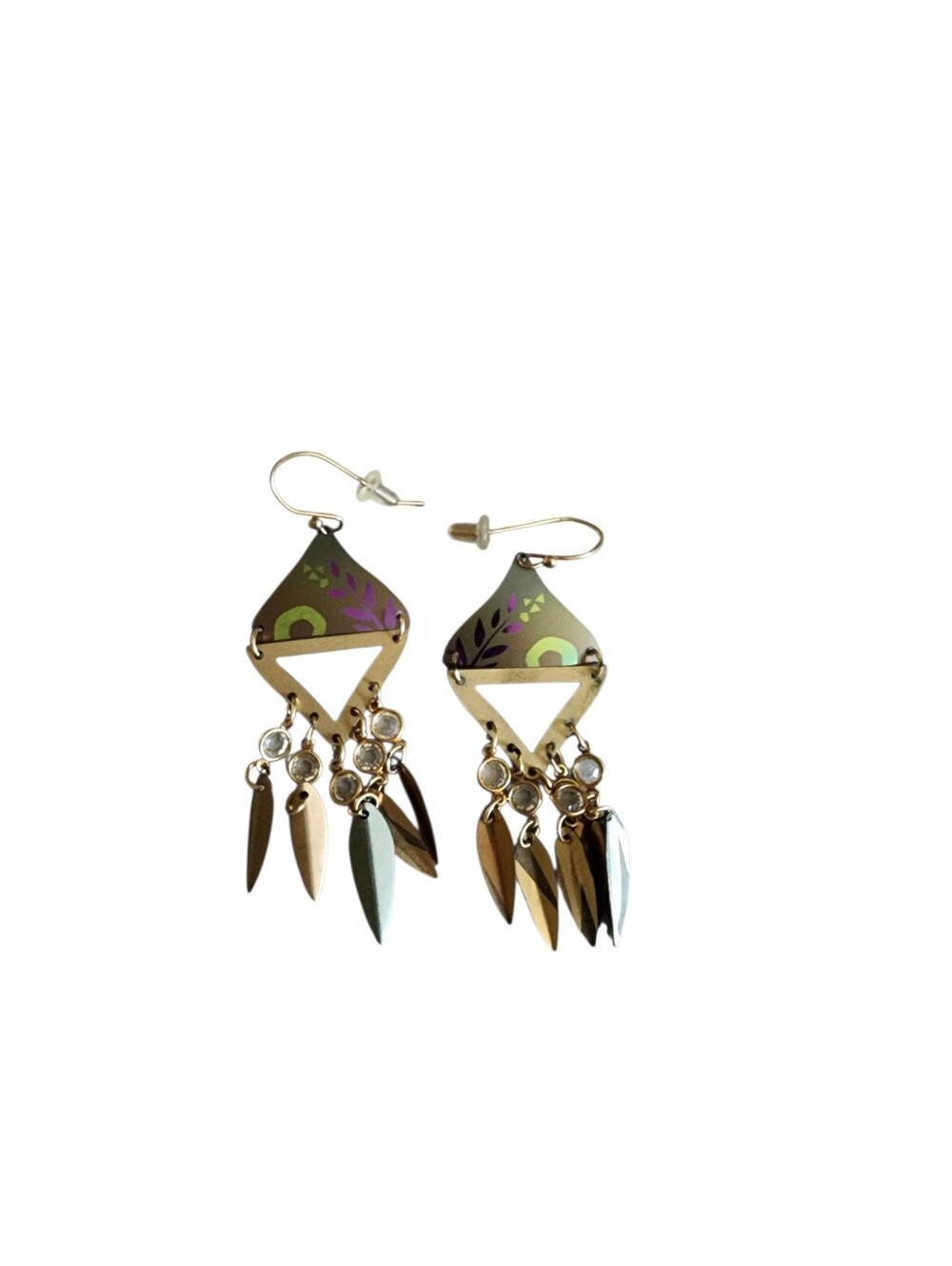 Vintage Geometric Chandelier Earrings Painted Leaf Designs Crystals Leaf Charms